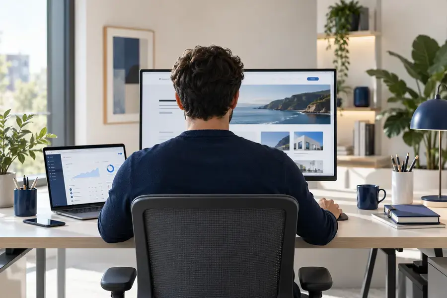 Product builder at work, seen from behind